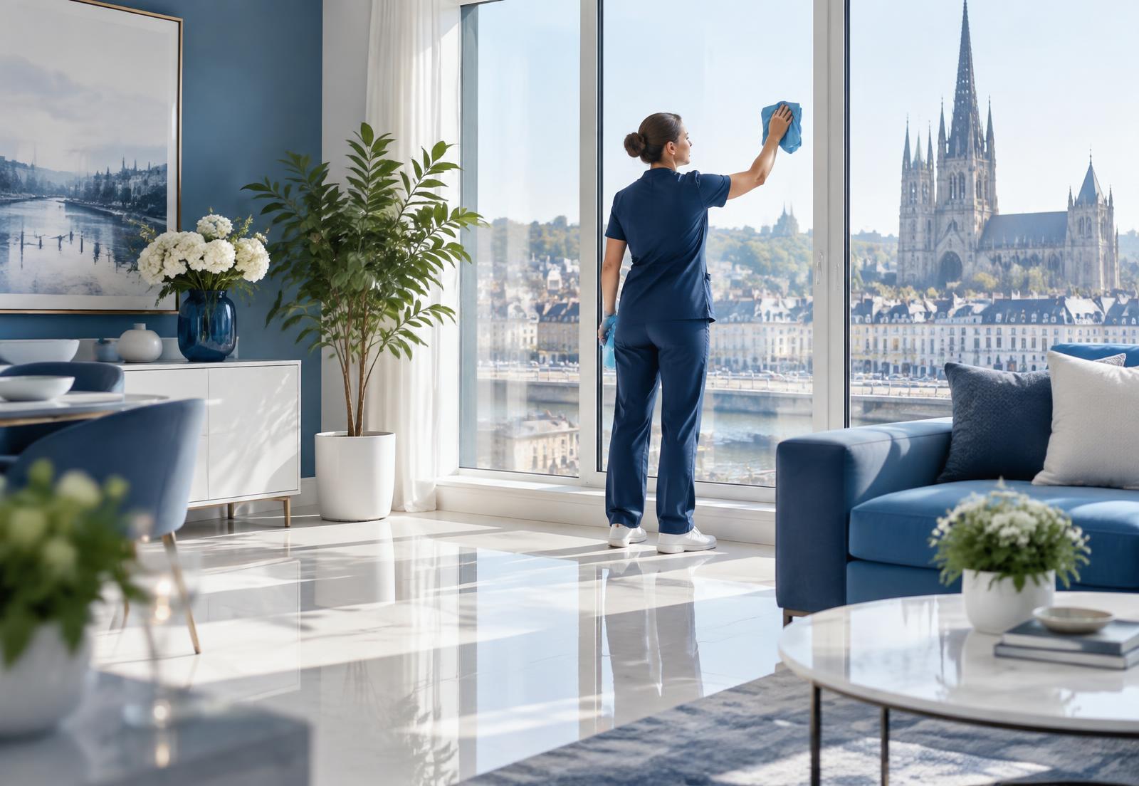 Agent d'entretien Kati 76 service nettoyant les vitres d'un salon lumineux à Rouen